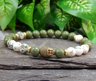 Tree Agate & Green Serpentine Men’s Bracelet with Brass Buddha – Harmony, Protection & Inner Peace