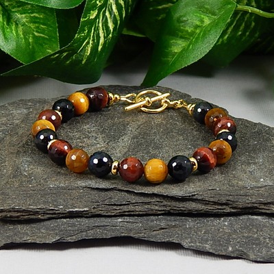 Faceted Tiger Eye Trio Bracelet – Blue, Gold & Red Gemstone Energy