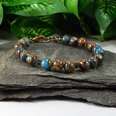 Blue & Brown Agate Gemstone Bracelet with Brass – Calm, Focus & Mystical Energy