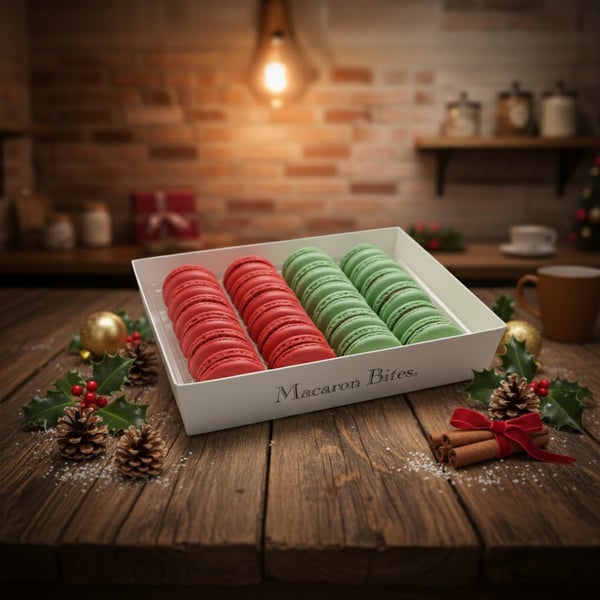 Macaron Bites: 24 French Macarons Gift Box – Red Velvet & Mint Chocolate Holiday Cookies Assortment