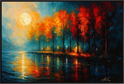 Moonlit Ember Grove - Autumn Reflections Under a Golden Sky