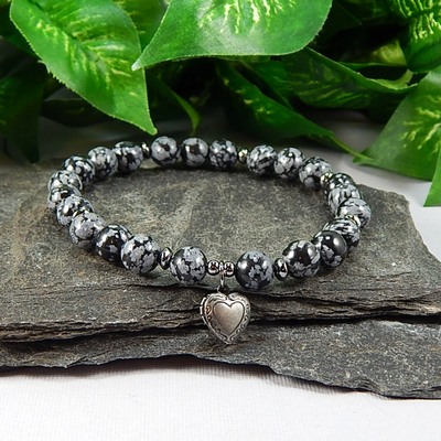 Snowflake Obsidian Locket Charm Stretch Bracelet – Protection, Balance & Everyday Magic