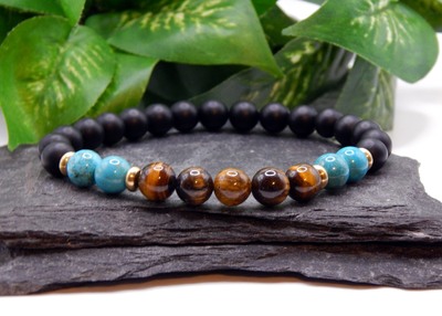 Tiger Eye, Turquoise & Matte Obsidian Men’s Bracelet – Balance, Strength & Protection