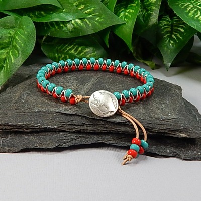 Turquoise & Red Goddess Bracelet – Handmade Jewelry with Silver Buffalo Nickel Button