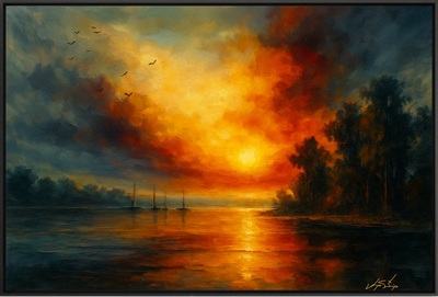 Twilight Voyage Fiery Sunset and Calm Lake with Sailboats