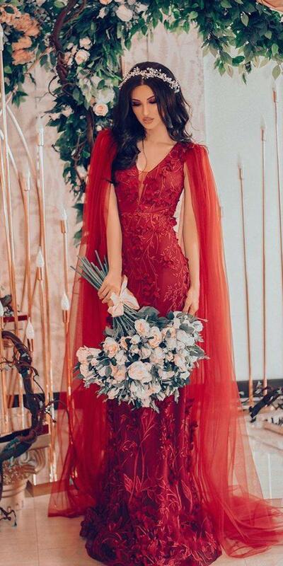 Luxury Red Sheath Lace Applqieus with Shawl Wedding Dress Wedding Bridal Gowns,1168