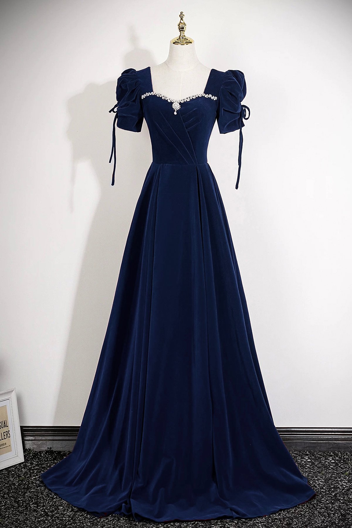 Navy Velvet Square Neck Long A-Line Prom Evening Gown