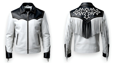 Crafted Leather Design Black White Silver Studded Leather Fashion Jacket Motorcycle