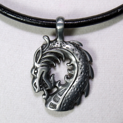 Dragon Spirit Necklace – Black Leather Cord with Antique Pewter Dragon Head Pendant