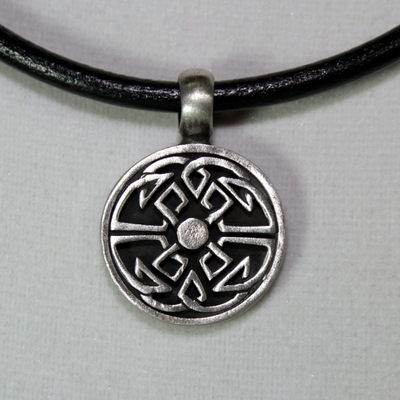 Celtic Knot Necklace – Black Leather Cord with Antique Pewter Celtic Knot Round Pendant