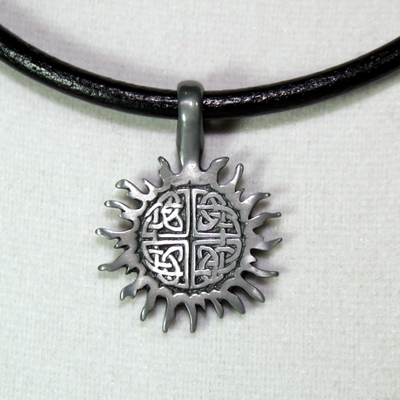 Celtic Sun Necklace – Black Leather Cord with Antique Pewter Celtic Sun Pendant