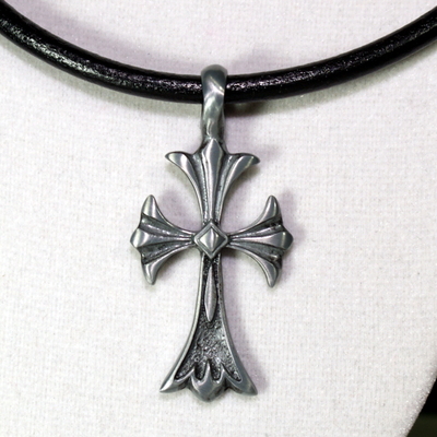 Ornate Cross Necklace – Black Leather Cord with Antique Pewter Cross Pendant