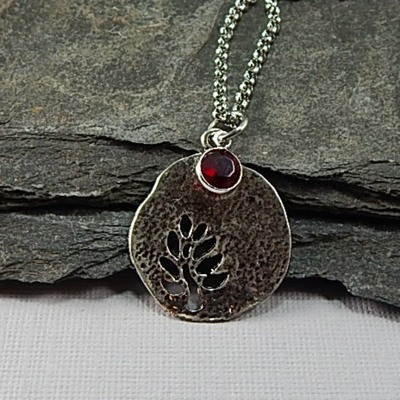 January Birthstone Leaf Pendant Necklace - Handmade Silver Leaf Cutout with Garnet Crystal Charm