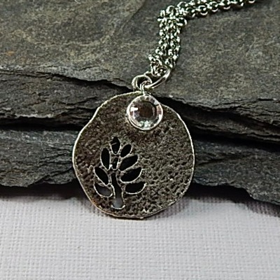 April Birthstone Leaf Pendant Necklace - Handmade Silver Leaf Cutout with Diamond Crystal Charm