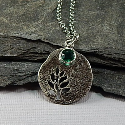 May Birthstone Leaf Pendant Necklace - Handmade Silver Leaf Cutout with Emerald Crystal Charm