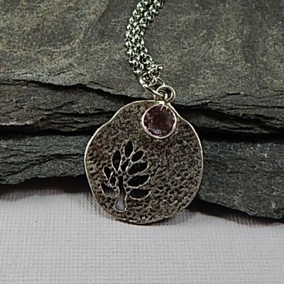 June Birthstone Leaf Pendant Necklace - Handmade Silver Leaf Cutout with Alexandrite Crystal Charm