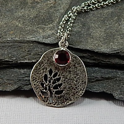 July Birthstone Leaf Pendant Necklace - Handmade Silver Leaf Cutout with Ruby Crystal Charm