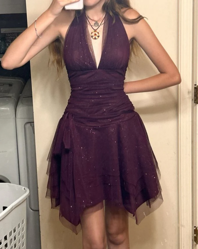 A line V Neck Tulle Short Grape Homecoming Dress