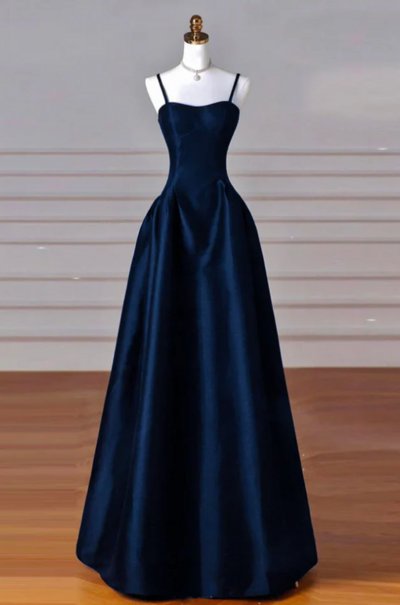 Simple A-Line Dark Blue Satin Long Prom Dresses
