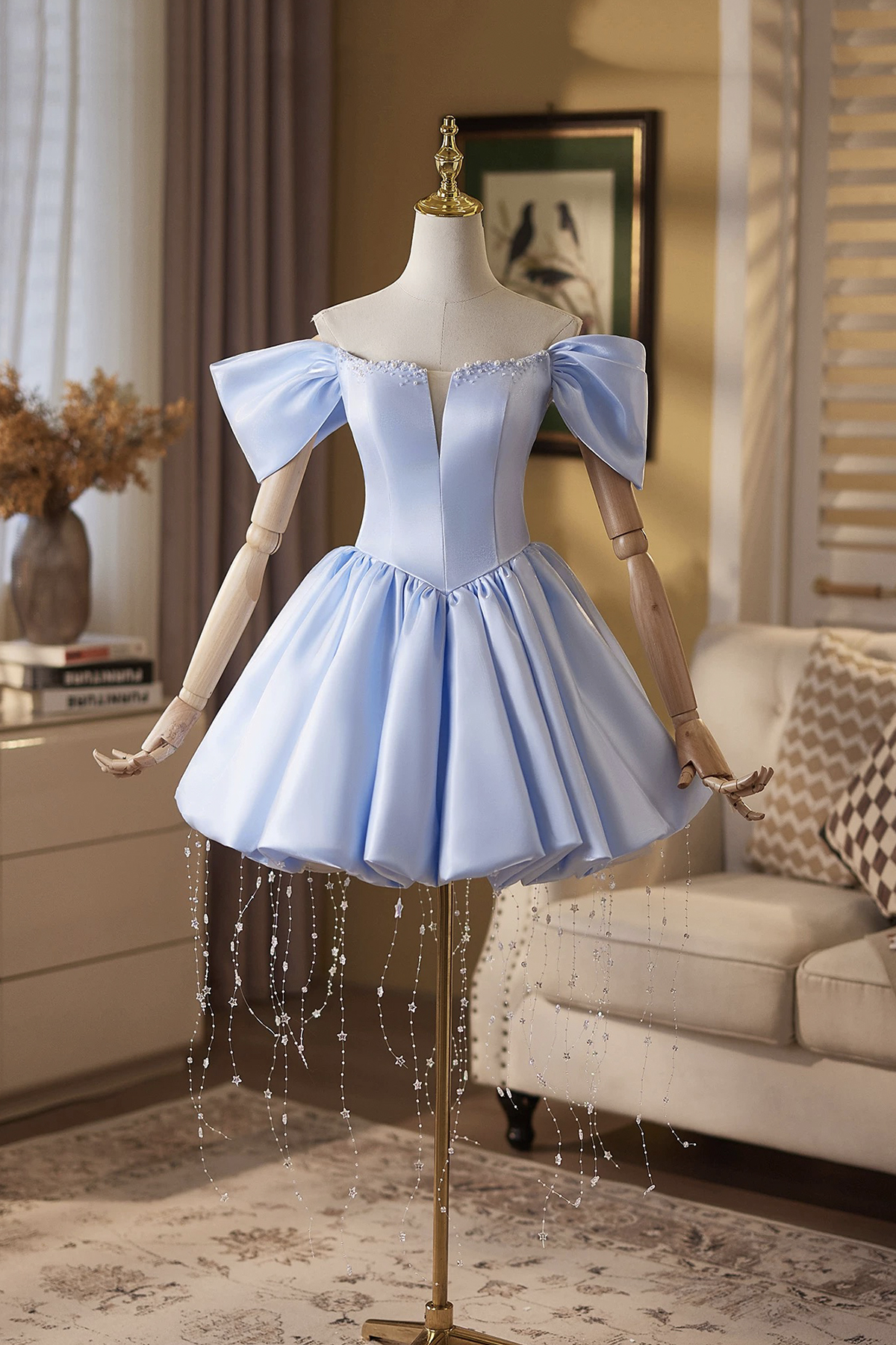 Blue Satin Short A-Line Prom Party Dress