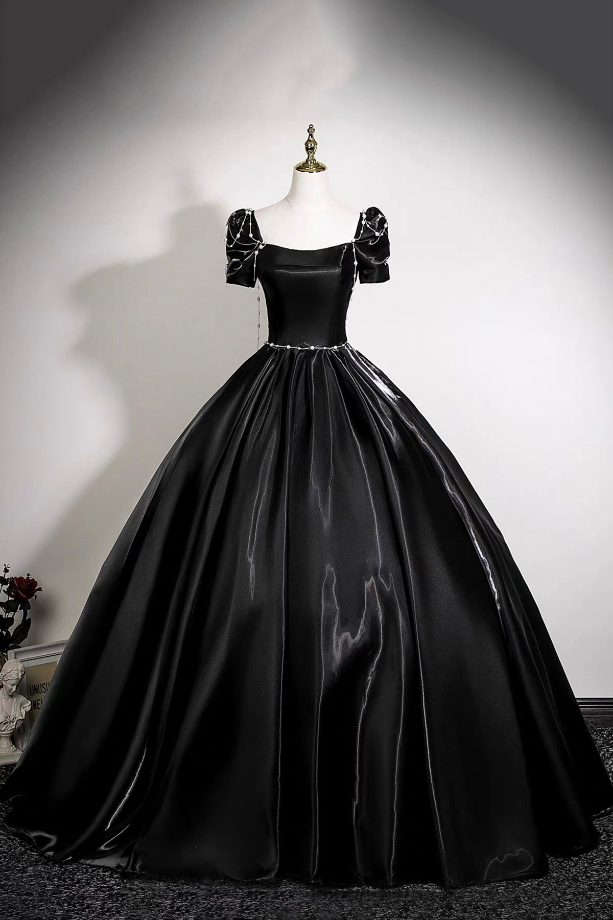 Black Satin Long A-Line Prom Party Gown
