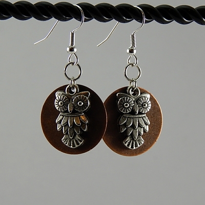 Full Moon Owl Earrings – Handmade Copper Disks with Silver Owl Charms on Hypoallergenic Ear Wires