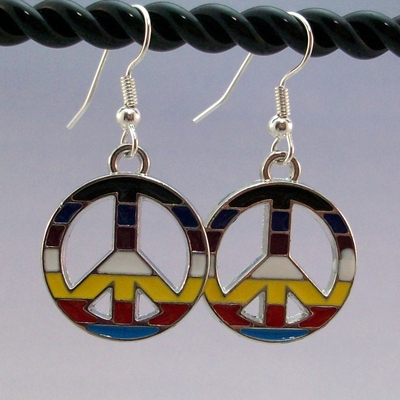 Rainbow Peace Sign Earrings – Multi Color Silver Plated Charms on Hypoallergenic Earwires