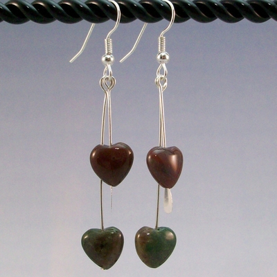 Fancy Jasper Double Heart Dangle Earrings – Handmade Gemstone Jewelry with Hypoallergenic Earwires