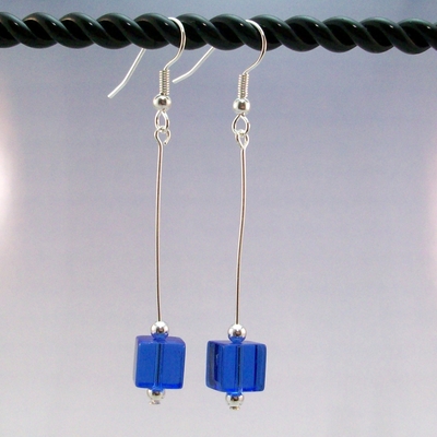 Cobalt Glass Cube Dangle Earrings – Handmade Jewelry with Hypoallergenic Earwires