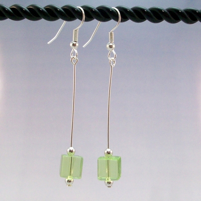 Peridot Glass Cube Dangle Earrings – Handmade Jewelry with Hypoallergenic Earwires