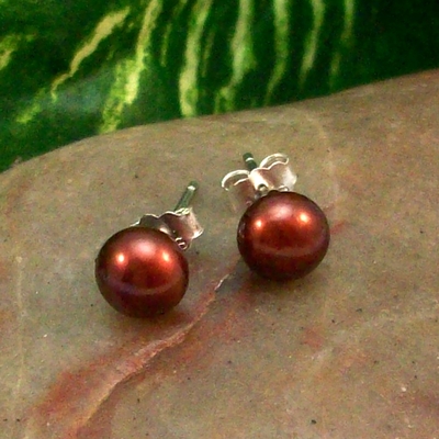 Copper Freshwater Pearl Earrings – Handmade 925 Sterling Silver Post Jewelry