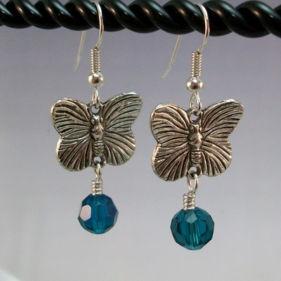 Butterfly Drop Earrings with Blue Zircon Crystal – Handmade Crystal Jewelry on Hypoallergenic Earwires