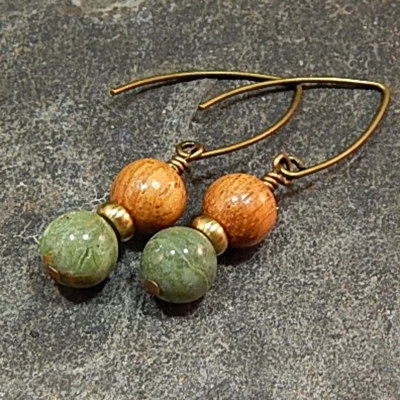Green Opal and Bayong Wood Drop Earrings – Handmade Gemstone & Brass Jewelry on Triangle Earwires