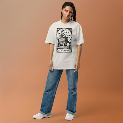 Cat Mom Funny Skull Tarot Card Oversized faded t-shirt