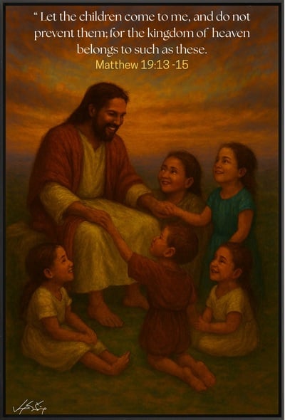 Divine Embrace - Jesus with Children at Sunset