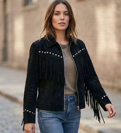 Crafted Leather Classic Designer Women Black Suede Silver Studded Leather Fashion Jacket Motorcycle