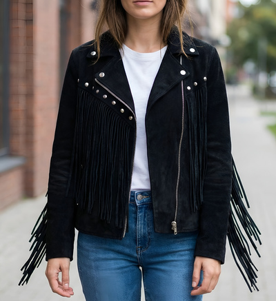 Crafted Leather Classic Designer Women Black Suede Silver Studded Leather Fashion Jacket Motorcycle