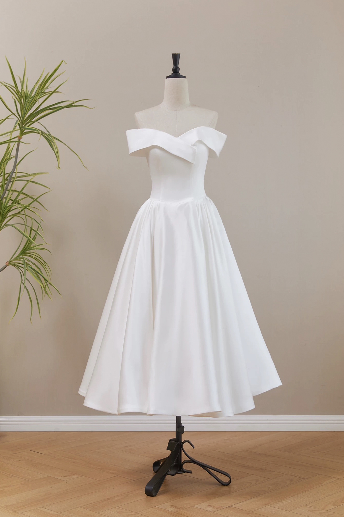 White Satin Tea Length Prom Party Dress