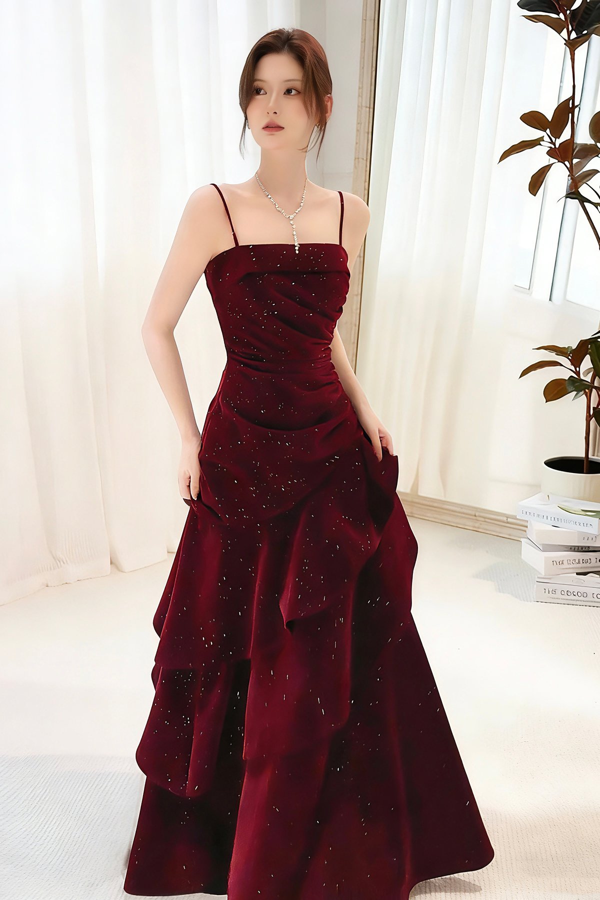 Burgundy Sequin Velvet Spaghetti Strap Prom Dress