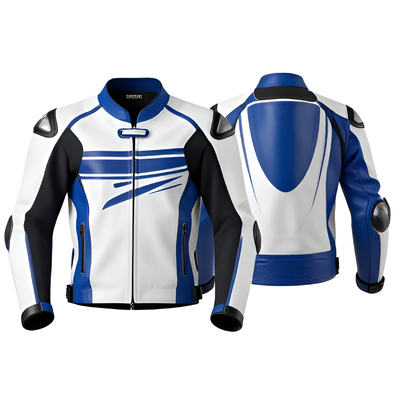 Crafted Leather Design Blue White Leather Biker Fashion Jacket Motorcycle