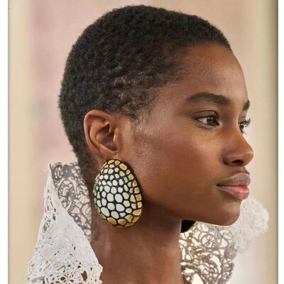 Polka Dot Egg Shape Statement Enamel Earrings for Women, Gold and White, Oversized Teardrop Design, Elegant Sophistication