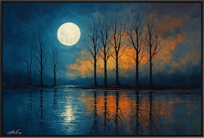 Moonlit Reflections - Bare Trees Over Fiery Horizon
