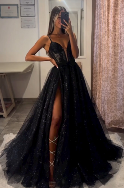 Charming Sleeveless Sweep Train Tulle Prom Dresses With Split Front