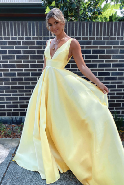 Yellow A-Line V-Neck Sleeveless Satin Prom Dresses