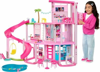 Barbi Dreamhouse, Pool Party Doll House with 75+ Pieces and 3-Story Slide