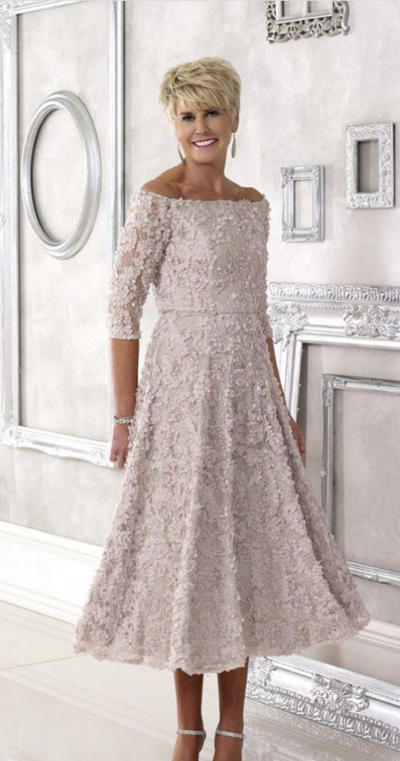 Off Shoulder Tea-length Lace Blush Pink Mother of Bride and Groom Dress Evening Dress