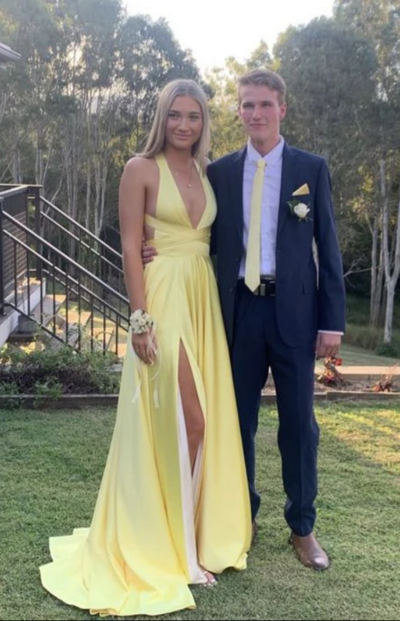 A Line Deep V Neck Yellow Mother Of Bridal Dress Long Prom Dress With Slit