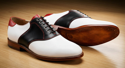 Crafted Leather Mens Tri Color White/Black/Red Leather Saddle Golf Dress Shoes