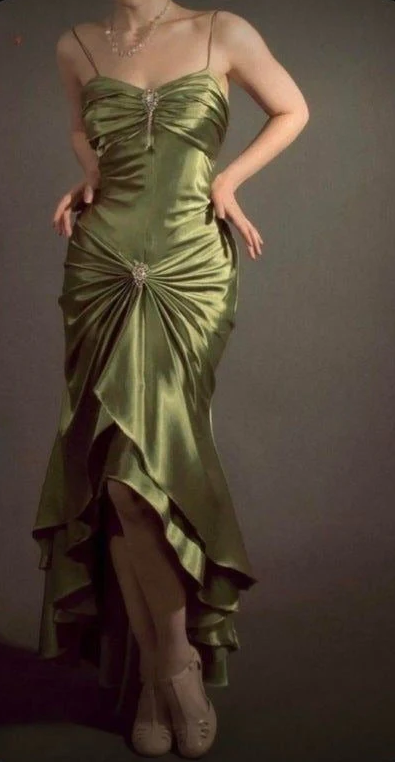 Spaghetti Strap Retro Green Satin Prom Dress Long Evening Dress