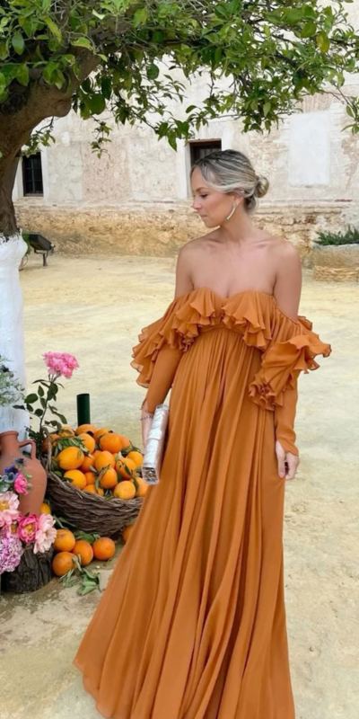 Elegant Yellow Brown Solid Color Off Shoulder Mother Of The Bridal Dress Long Evening Dress